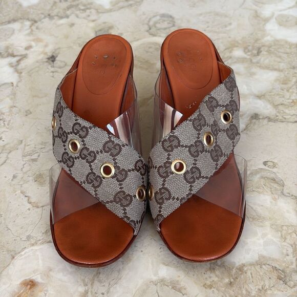 Gucci Vintage Beige/Brown GG Canvas, Leather & PVC Criss Cross Heeled Sandals - Picture 1 of 12